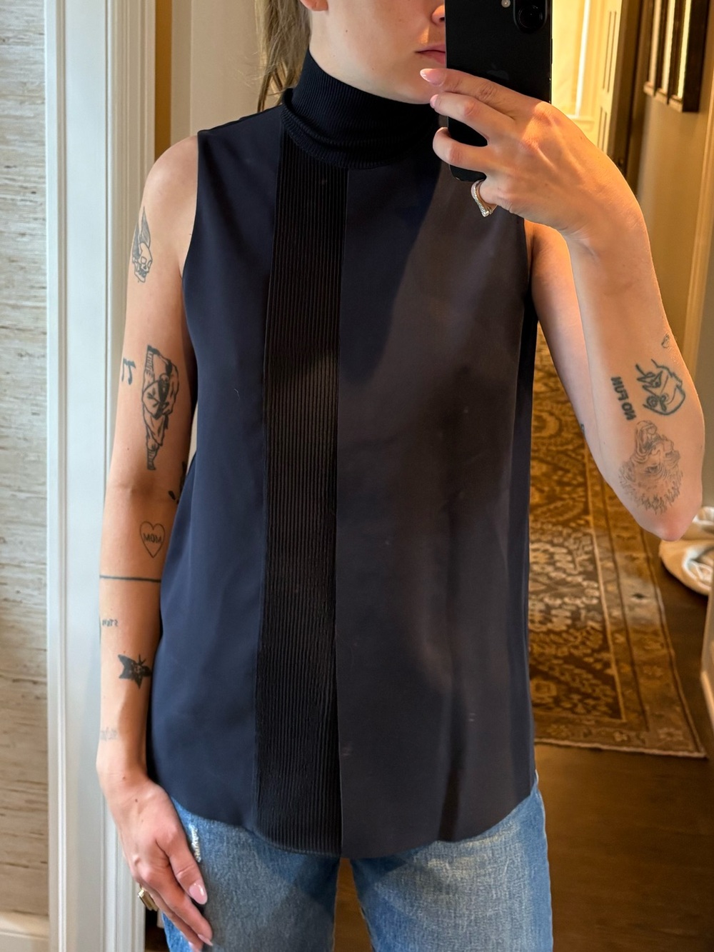 Vince Sleeveless Mock Neck Tank Top in Navy and black